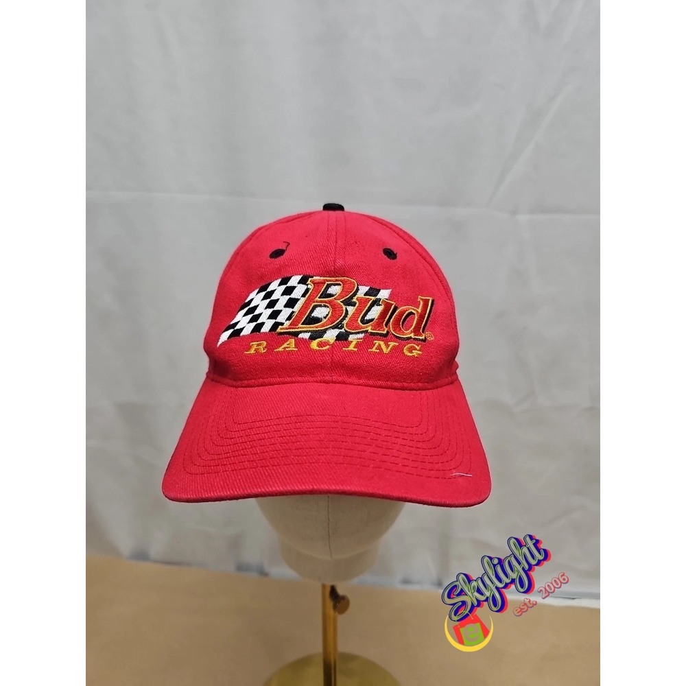 Budweiser Mens Red Vtg1998 Bud Racing Hat Adjustable Checkered Flag One Size